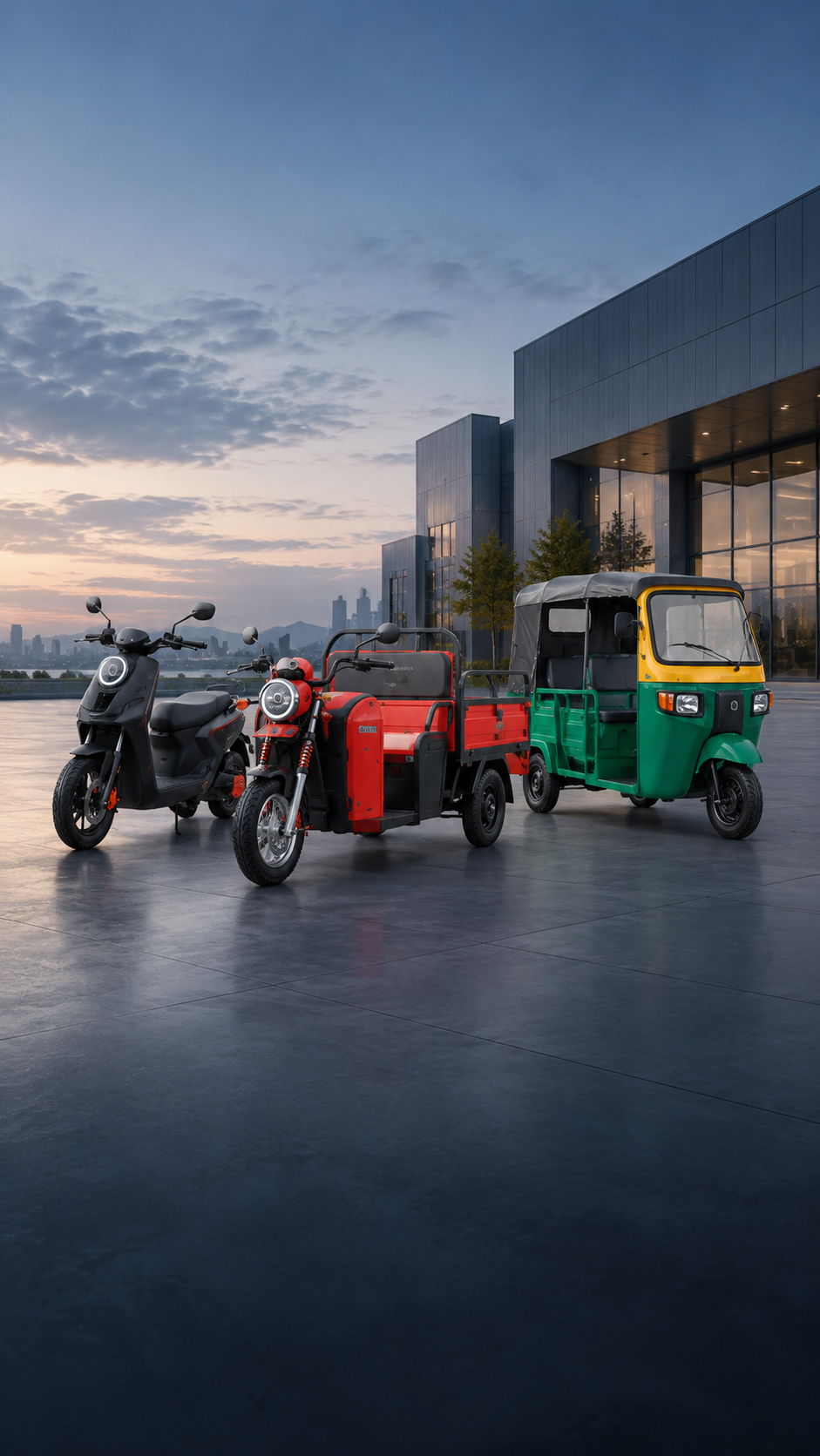 FALCON electric cargo and passenger vehicles outside a modern industrial facility